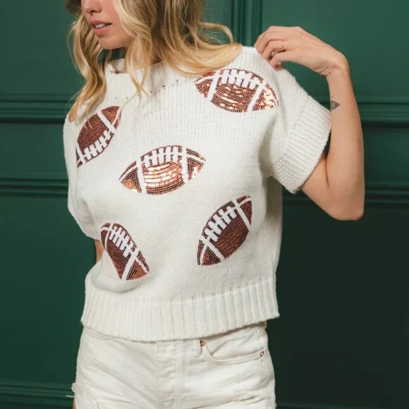 BIBI Football Sequin Knit Sweater White Short Sleeve Tailgate Game Day Top - Picture 3 of 11